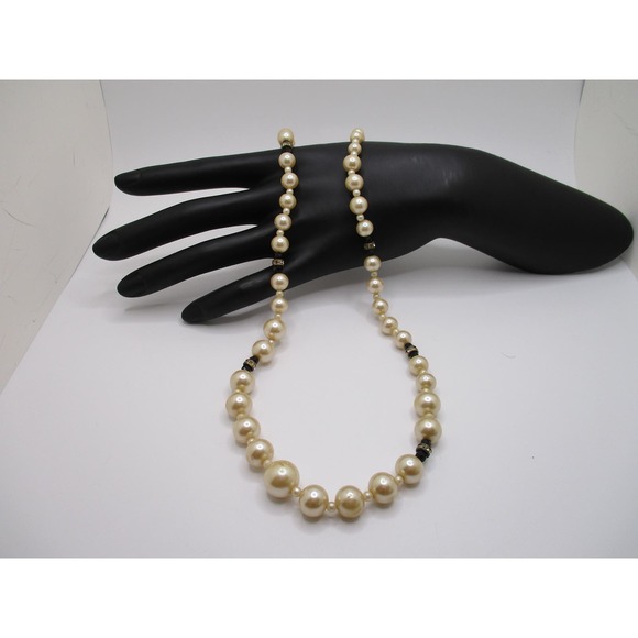 Vintage Miriam Haskell Faux Pearl Black Crystal Rhinestone Beaded Necklace